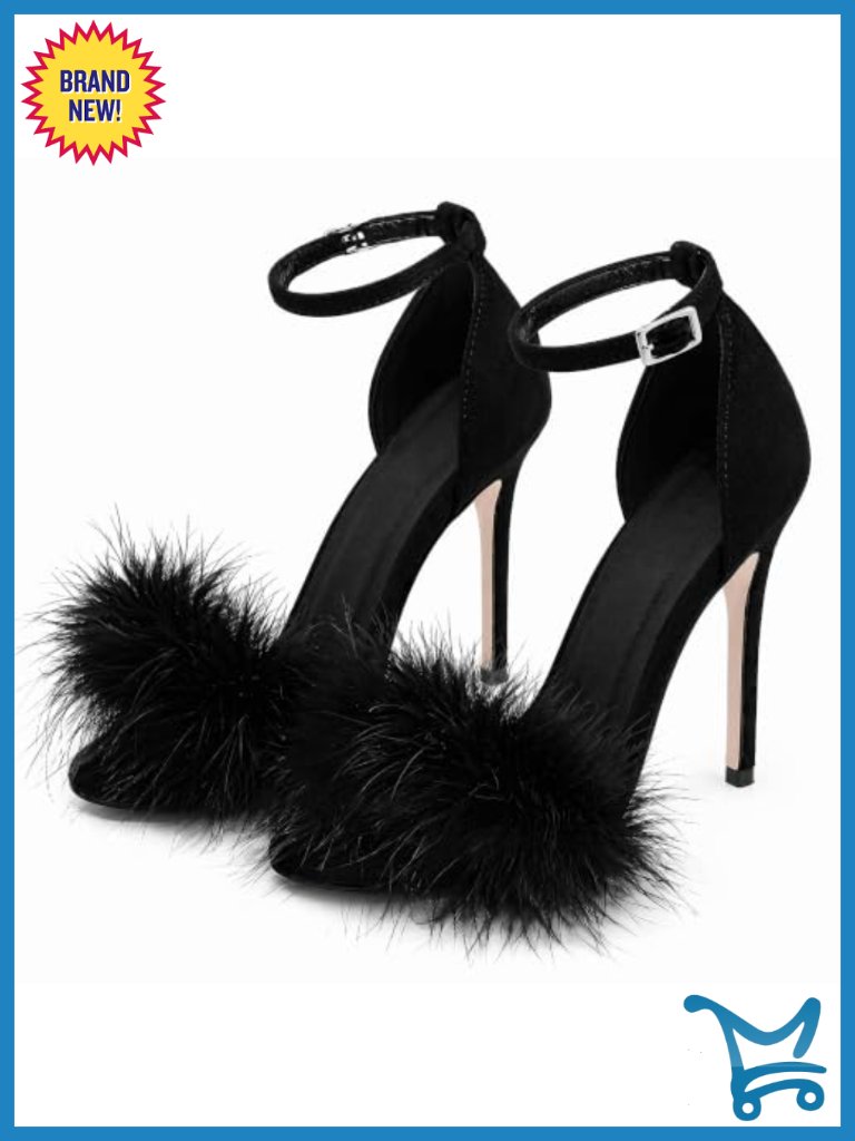Sexy Faux Suede Feather Trim Open Toe Stiletto Heeled Sandals With Ankle Strap,